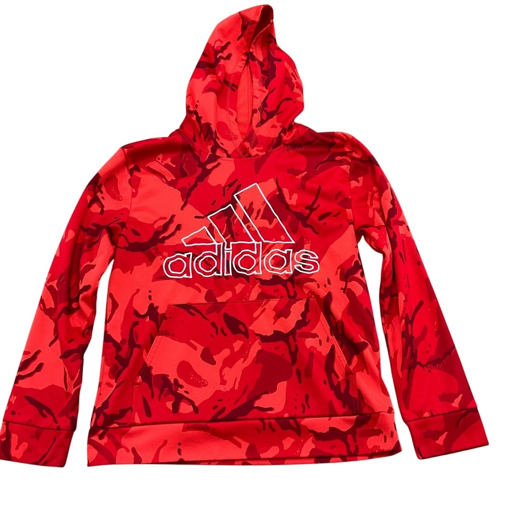 Adidas Hoodie Youth Large Red Camo Spell Out Logo Trefoil Pullover Athletic